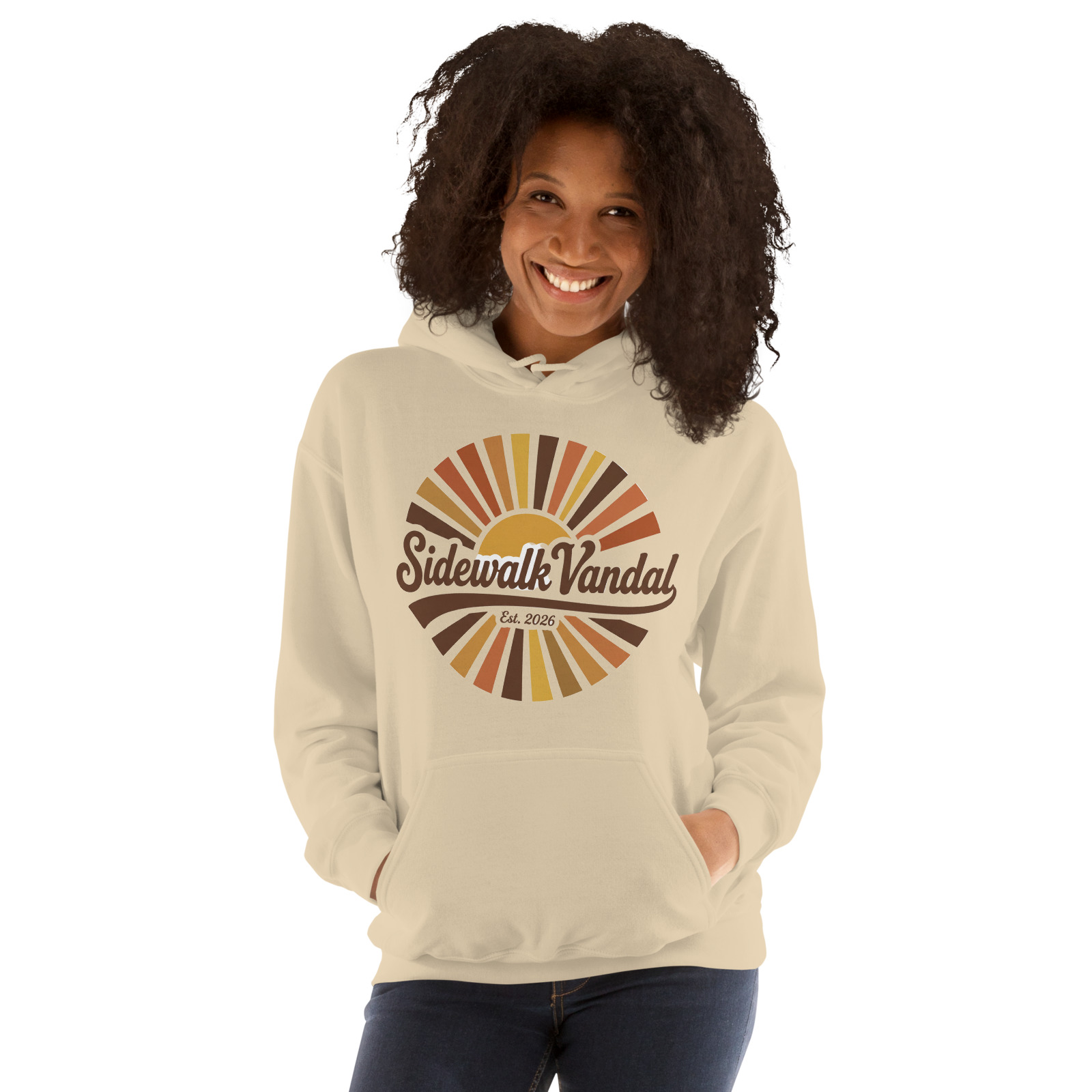 Retro Rays Fitted Hoodie — Sand — Front view