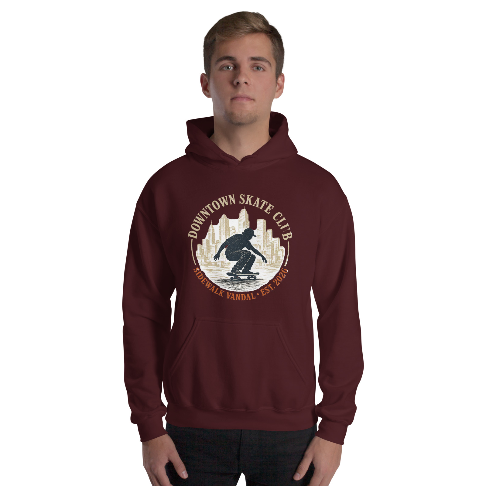 Downtown Skate Club Hoodie — Maroon — Front view