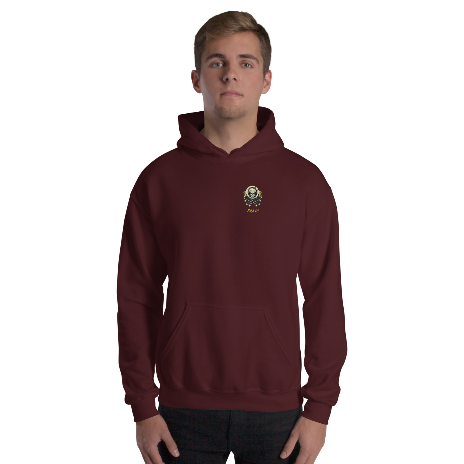 YOLO Deathwheel Hoodie — Maroon — Front view