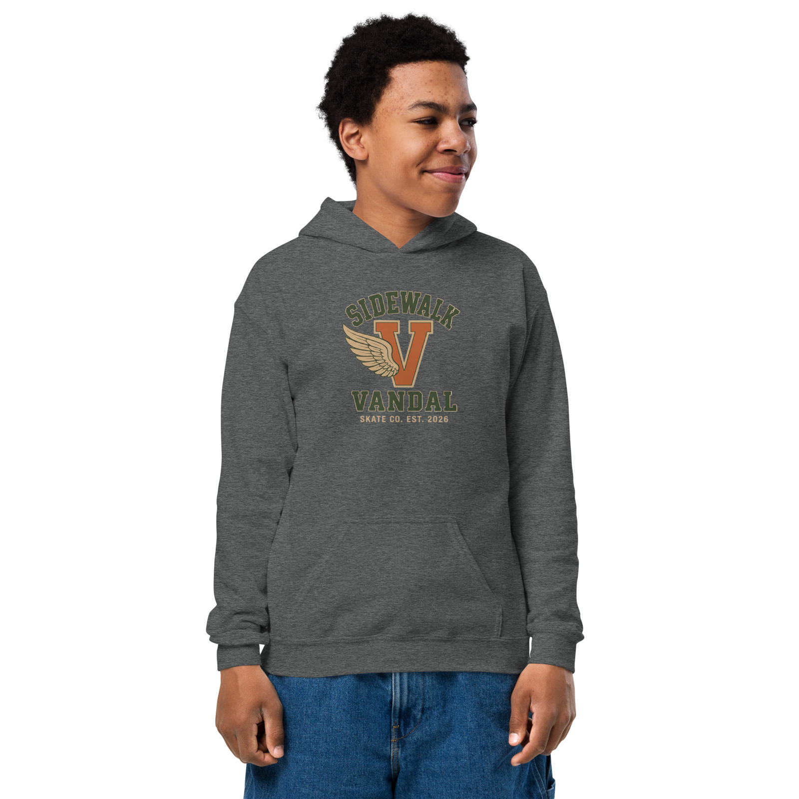 Varsity Wing V Kids Hoodie — Dark Heather