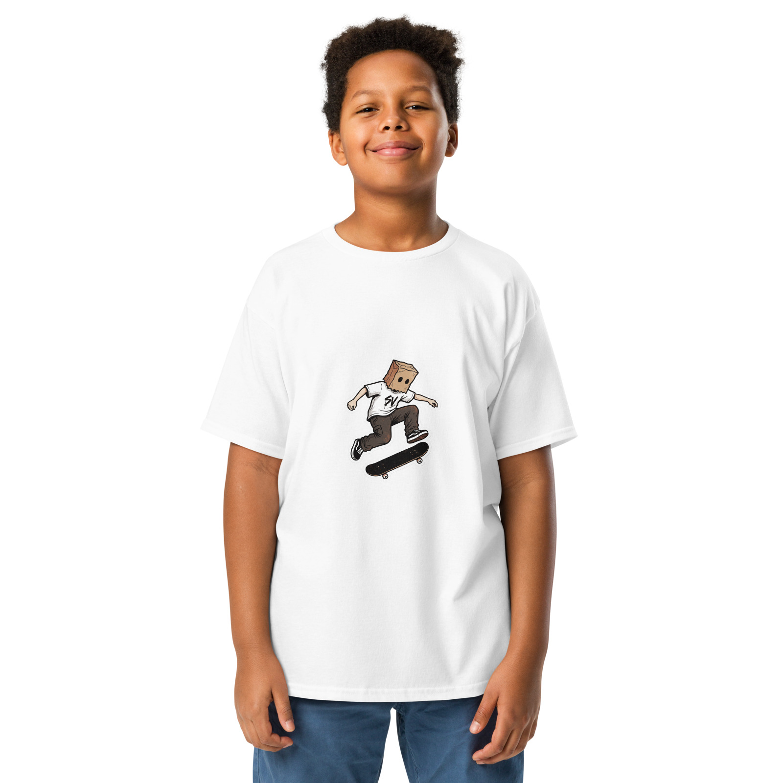 Box Head Crew Kids Tee — White — Front view