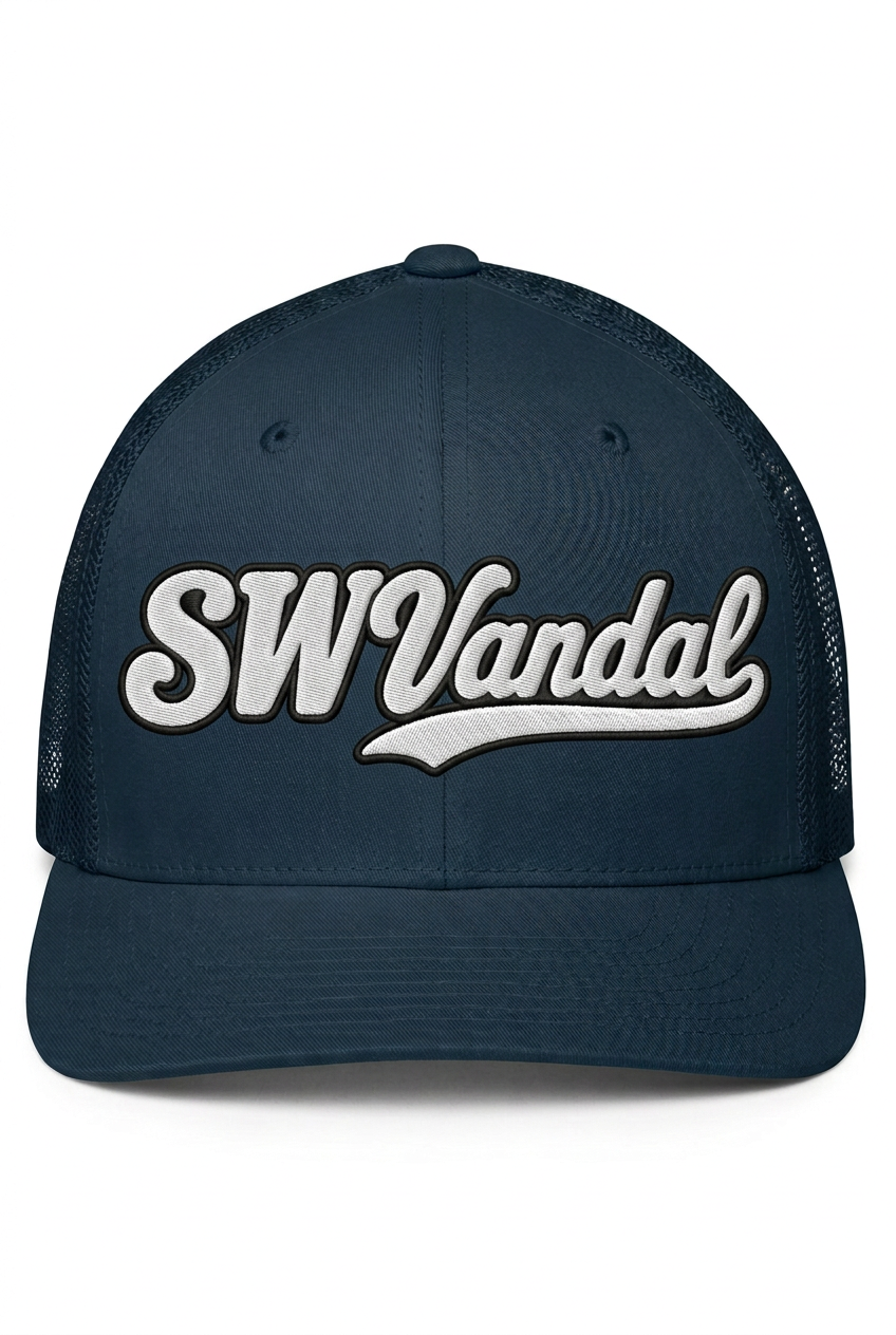 SWVandal Script Closed-Back Trucker Cap — Navy — Front view