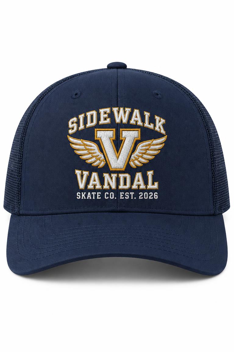 Varsity Wing Closed-Back Trucker Cap — Navy — Front view
