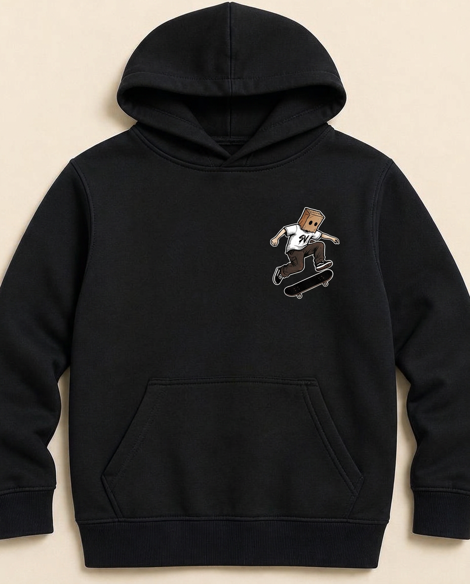 Box Head Skate Crew Kids Hoodie — Black — Front view
