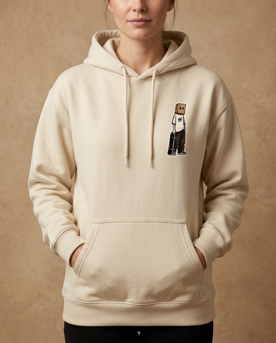 Box Head Stacked Type Hoodie — Sand — Front view