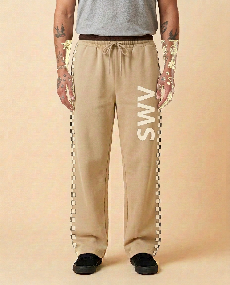 Sand Check Wide-Leg Joggers — Sand — Front view