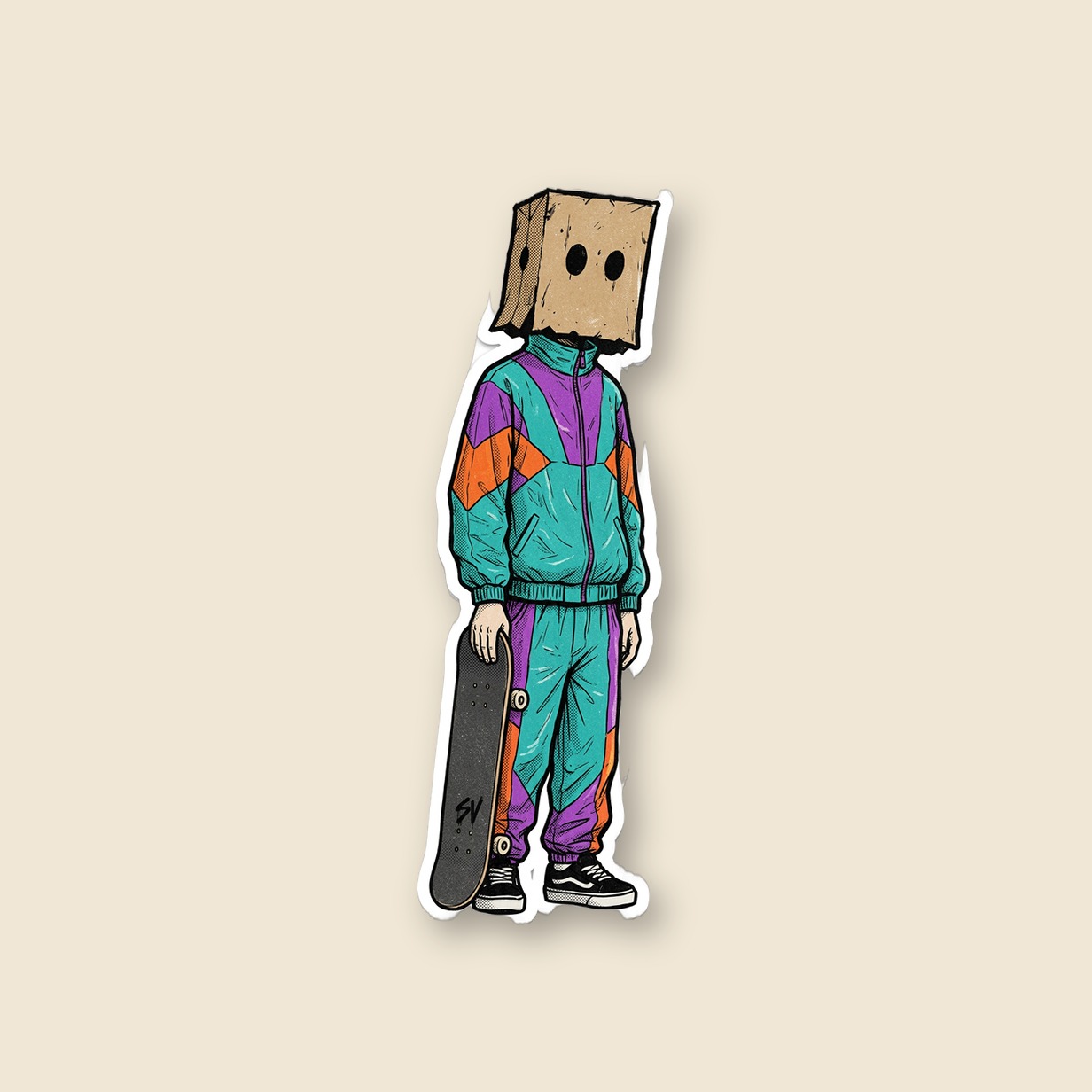 Box Head Shell Suit Sticker — Box Head — Front view