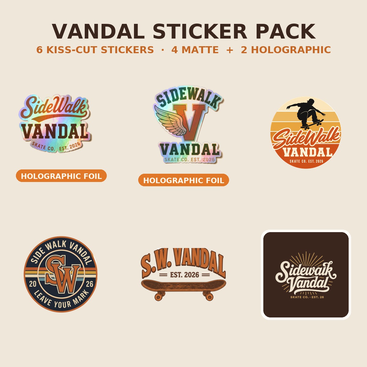 Vandal Sticker Pack — 6-Pack · 2 Holographic